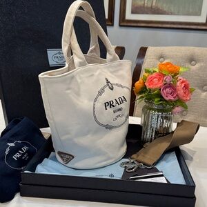 Authentic Prada Canapa Cream Canvas Tote with Brown Strap & Authenticity Card